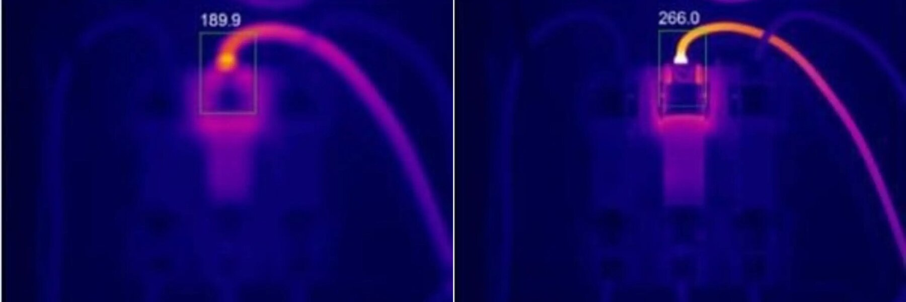 The same hot terminal out of focus, reading 189.9, and in focus, reading 266.0